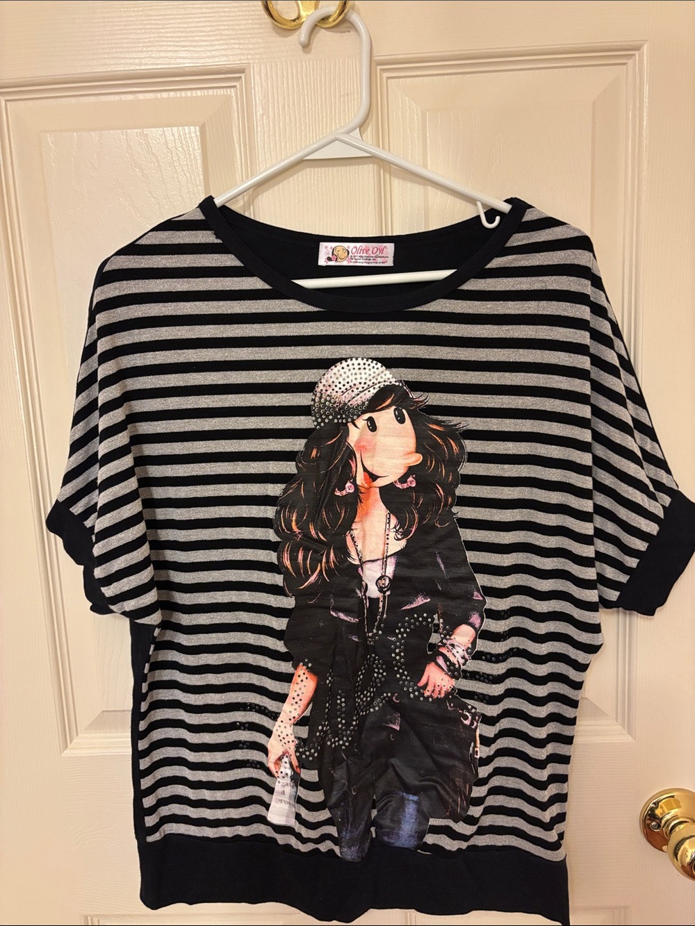 Girls Black & Gray Striped Graphic Top with Doll Print